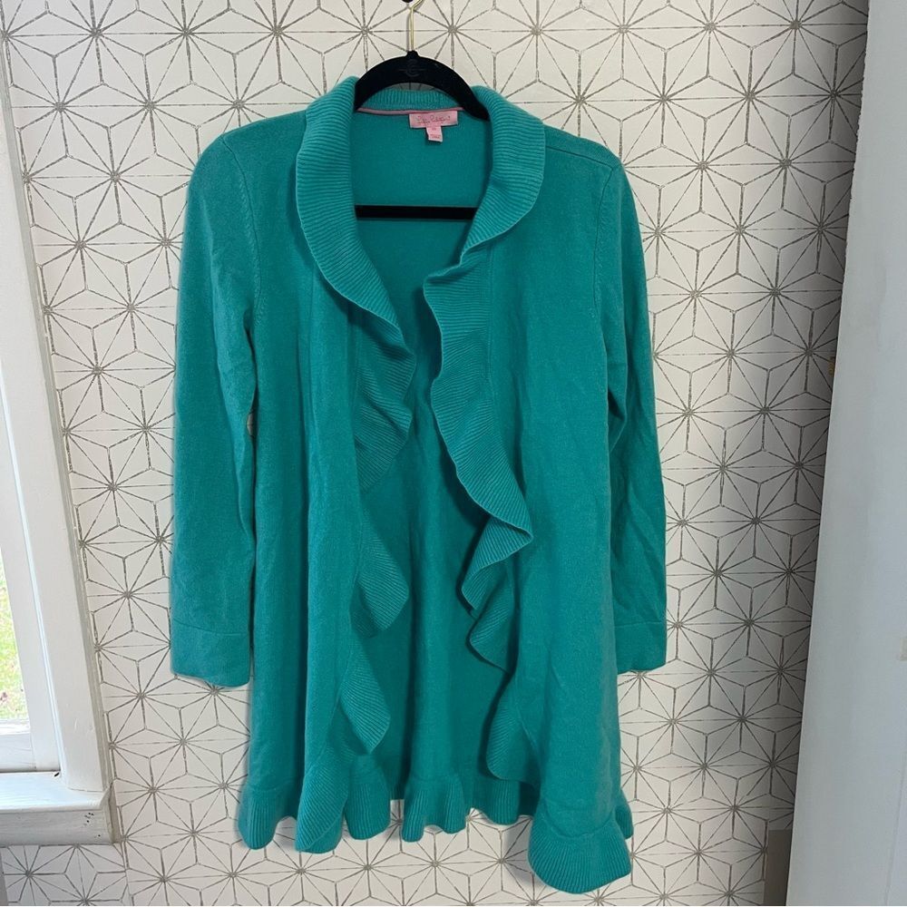 Lilly Pulitzer Cashmere Shirley Ruffle Cardigan Teal